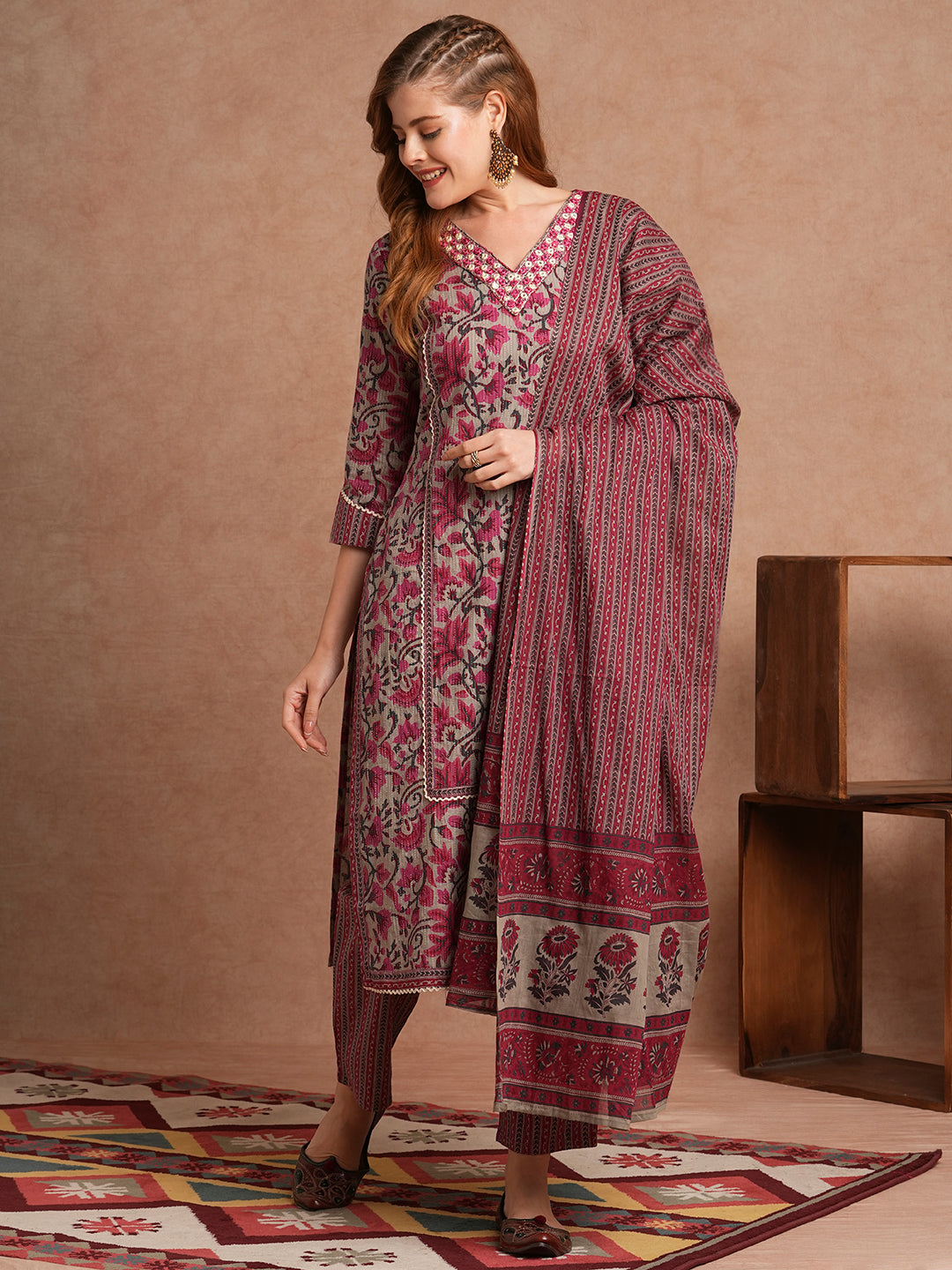 Ethnic Floral Printed Embroidered Straight Fit Kurta with Pant and Dupatta - Multi