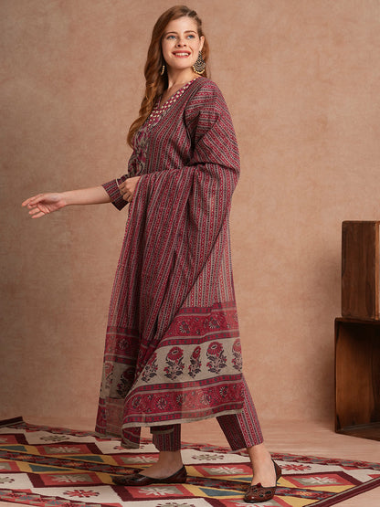 Ethnic Floral Printed Embroidered Straight Fit Kurta with Pant and Dupatta - Multi