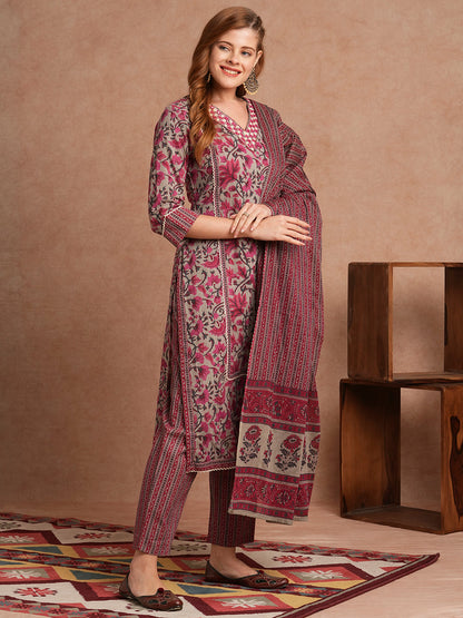 Ethnic Floral Printed Embroidered Straight Fit Kurta with Pant and Dupatta - Multi