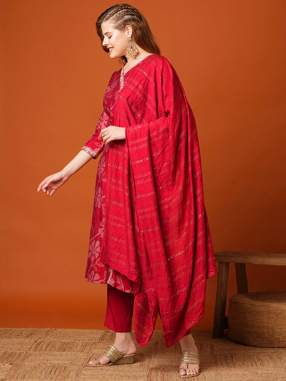 Floral Bandhani Printed & Embroidered Straight Fit Kurta with Pant and Dupatta - Maroon