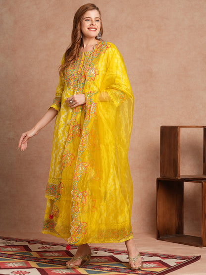 Ethnic Khari Printed Embroidered Straight Fit Kurta with Flared Palazzo and Dupatta - Lime Green