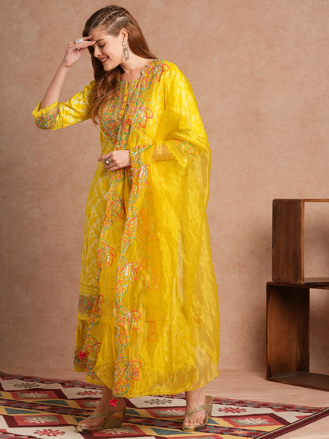 Ethnic Khari Printed Embroidered Straight Fit Kurta with Flared Palazzo and Dupatta - Lime Green