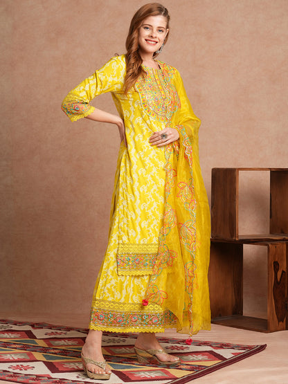 Ethnic Khari Printed Embroidered Straight Fit Kurta with Flared Palazzo and Dupatta - Lime Green