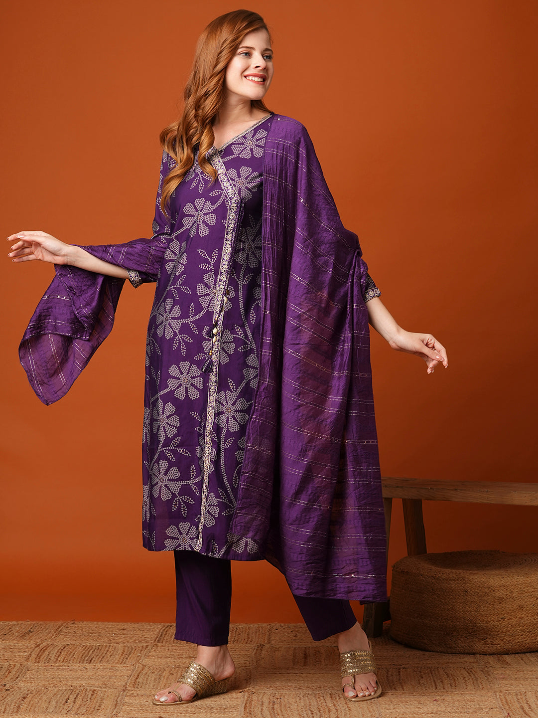 Bandhani Printed & Embroidered Straight Kurta with Pant & Dupatta - Purple