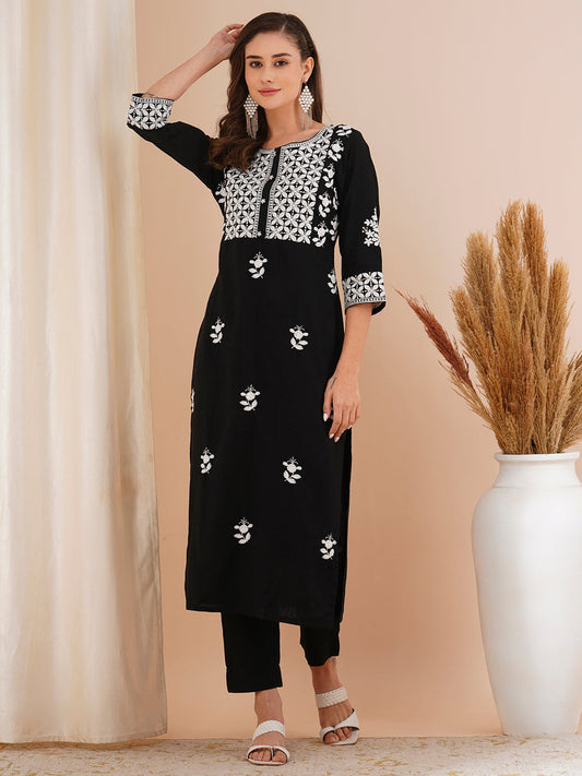 Floral Chikankari Embroidered Straight Fit Co-ord Set - Black