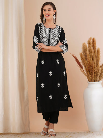 Floral Chikankari Embroidered Straight Fit Co-ord Set - Black