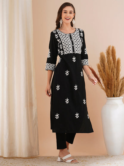 Floral Chikankari Embroidered Straight Fit Co-ord Set - Black