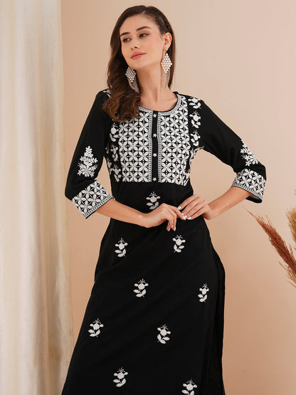 Floral Chikankari Embroidered Straight Fit Co-ord Set - Black