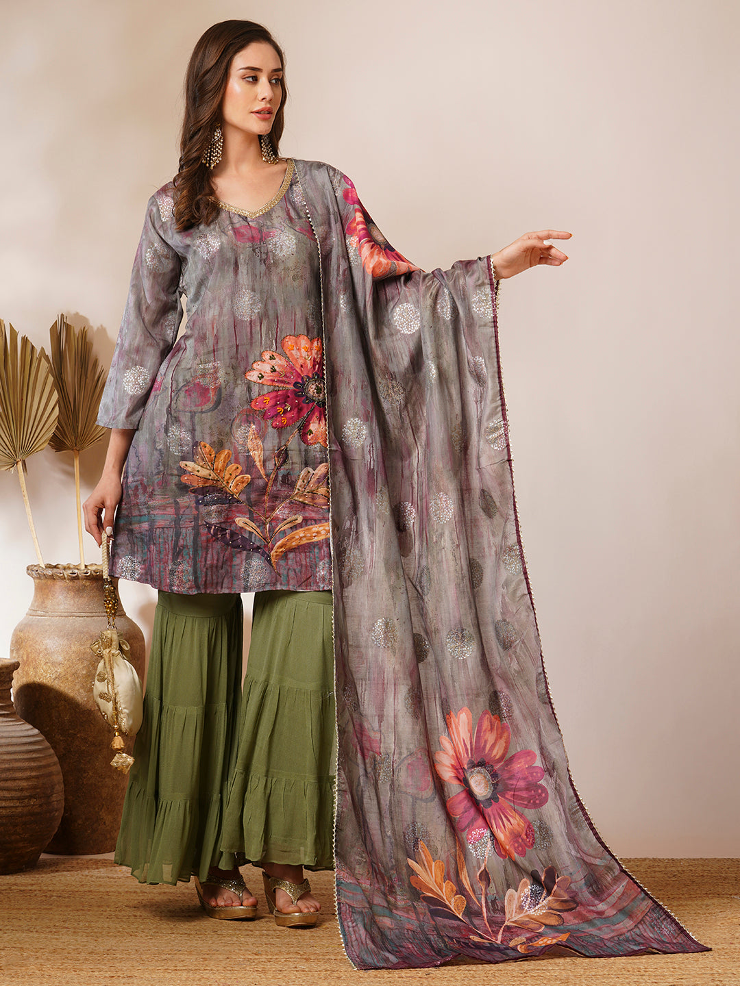 Abstract Floral Printed & Hand Embroidered Straight Kurta with Sharara & Dupatta - Green