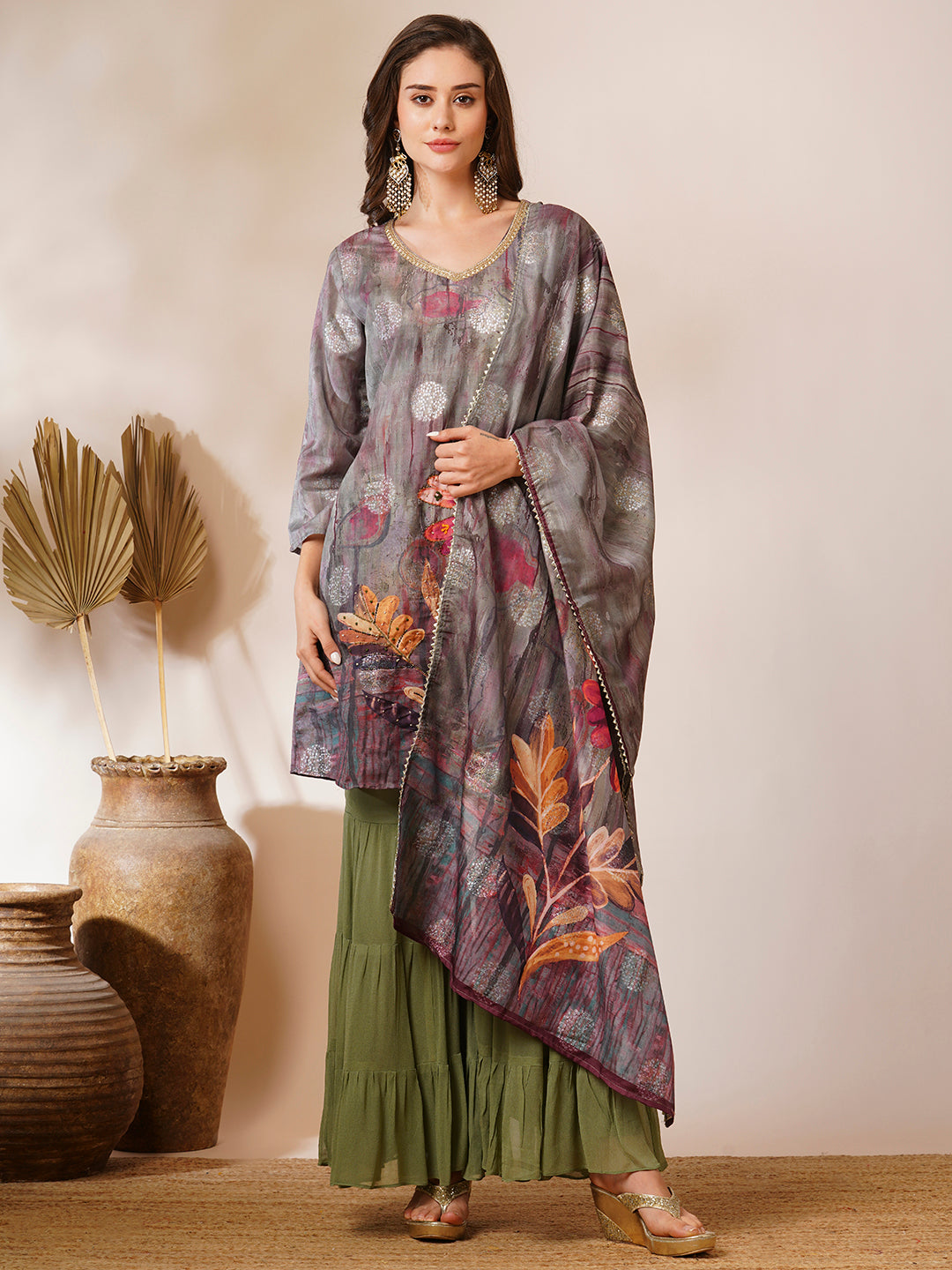 Abstract Floral Printed & Hand Embroidered Straight Kurta with Sharara & Dupatta - Green