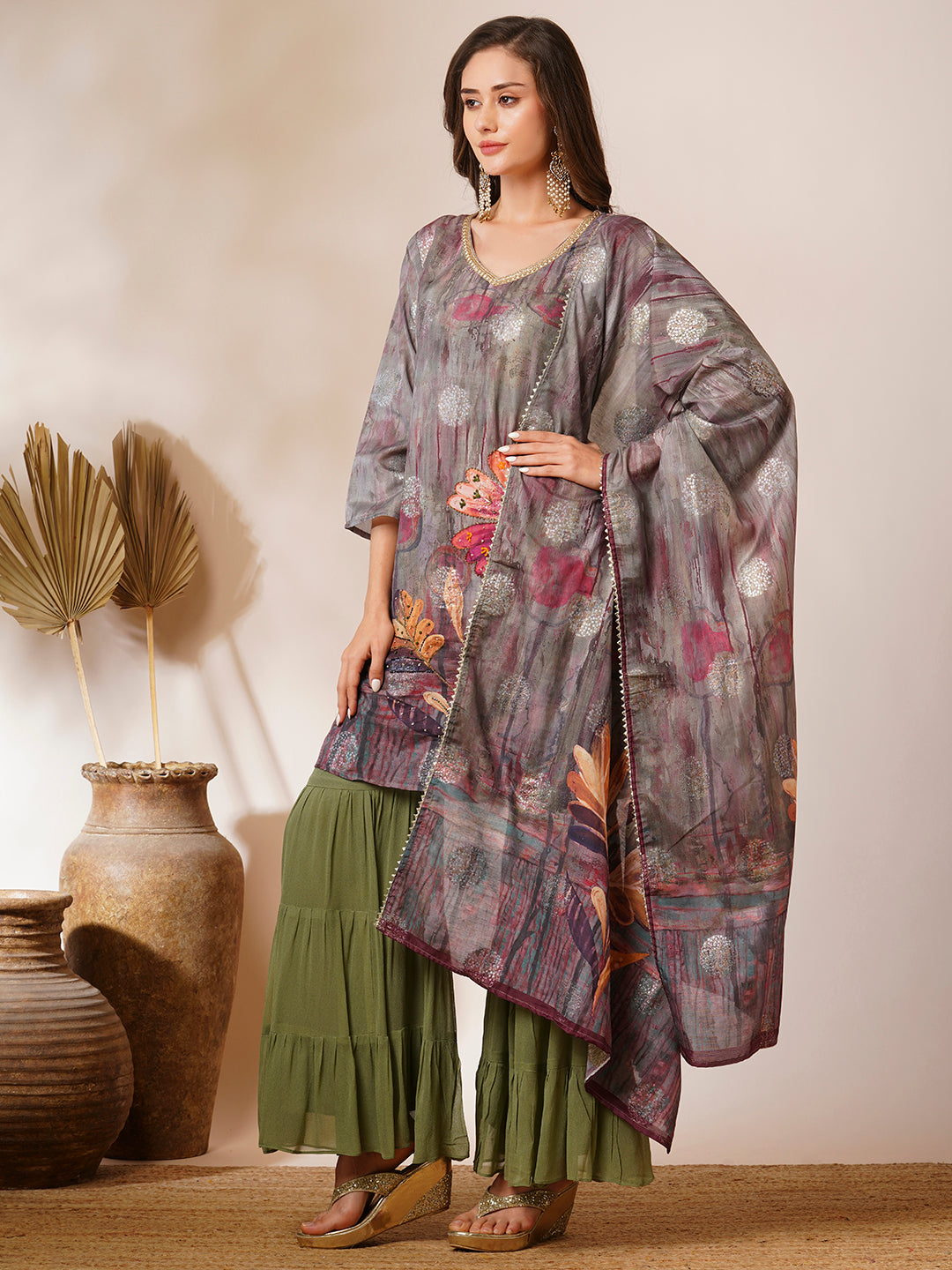 Abstract Floral Printed & Hand Embroidered Straight Kurta with Sharara & Dupatta - Green