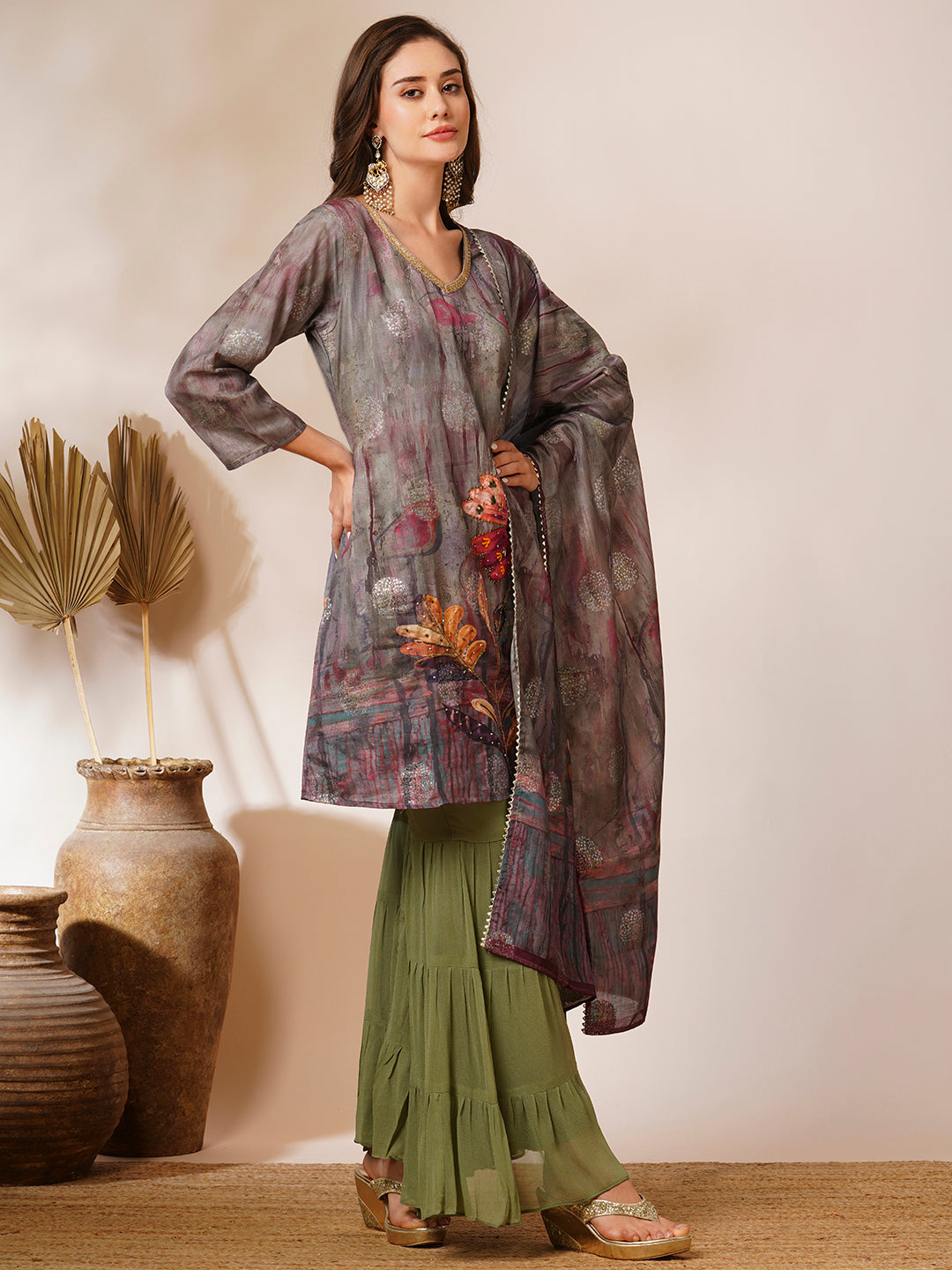 Abstract Floral Printed & Hand Embroidered Straight Kurta with Sharara & Dupatta - Green