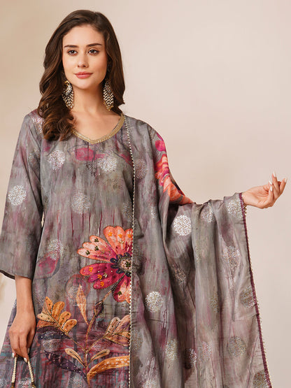 Abstract Floral Printed & Hand Embroidered Straight Kurta with Sharara & Dupatta - Green