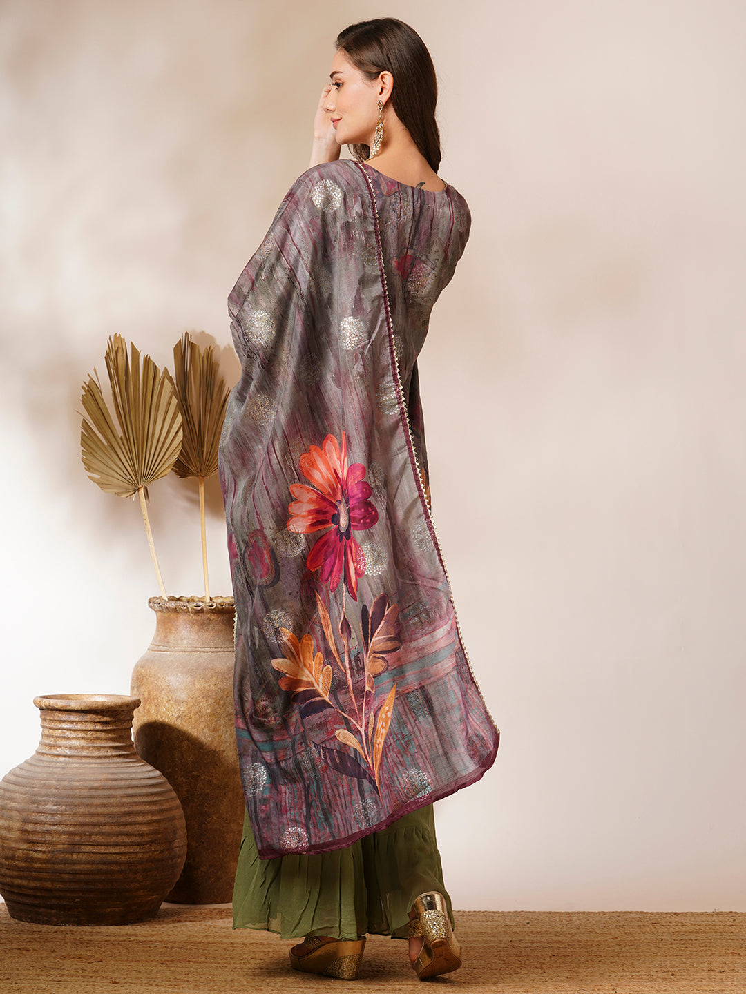 Abstract Floral Printed & Hand Embroidered Straight Kurta with Sharara & Dupatta - Green