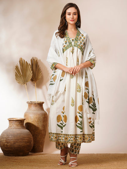 Floral Block Printed A-Line Pleated Kurta with Pant and Dupatta - White