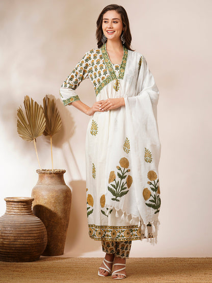 Floral Block Printed A-Line Pleated Kurta with Pant and Dupatta - White