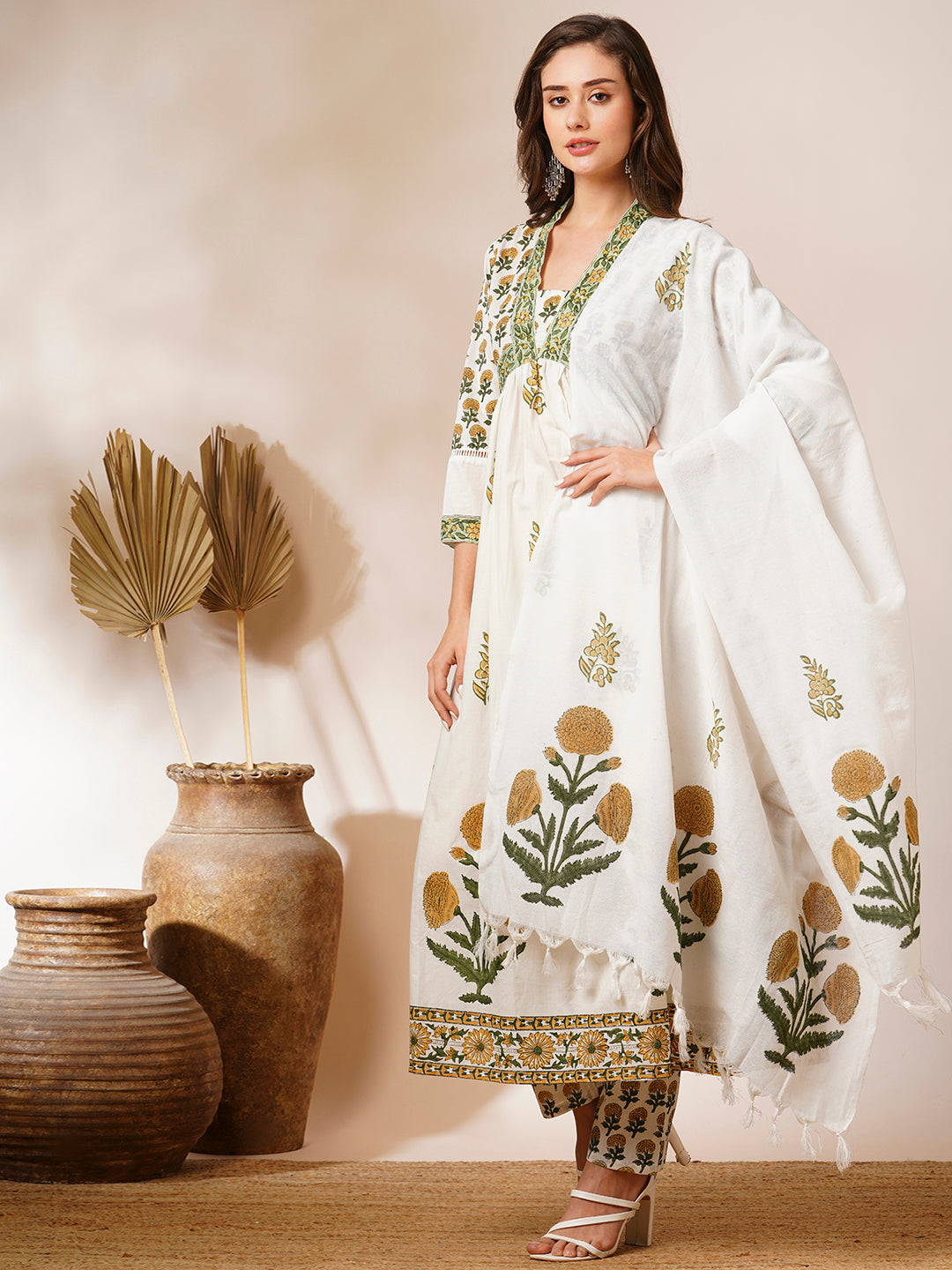 Floral Block Printed A-Line Pleated Kurta with Pant and Dupatta - White