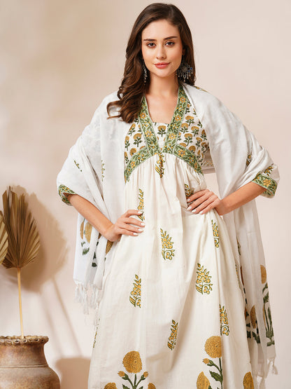 Floral Block Printed A-Line Pleated Kurta with Pant and Dupatta - White