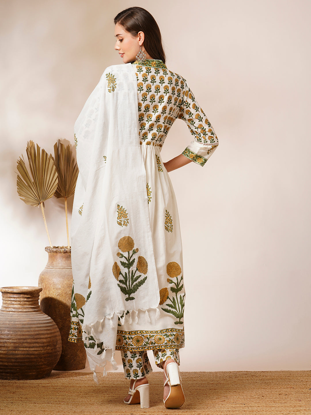 Floral Block Printed A-Line Pleated Kurta with Pant and Dupatta - White