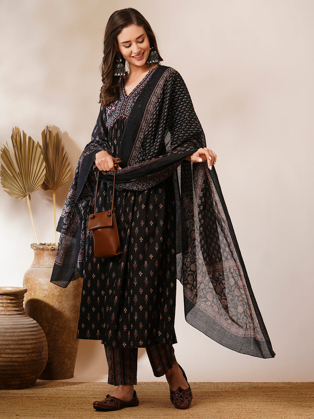 Floral Block Printed & Embroidered A-Line Kurta with Pant & Dupatta - Off White