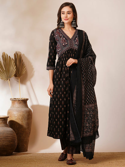 Floral Block Printed & Embroidered A-Line Kurta with Pant & Dupatta - Off White