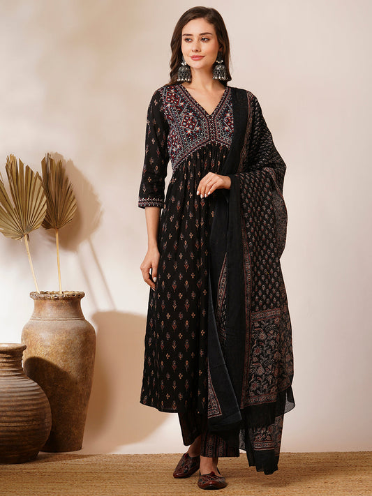 Floral Block Printed & Embroidered A-Line Kurta with Pant & Dupatta - Off White