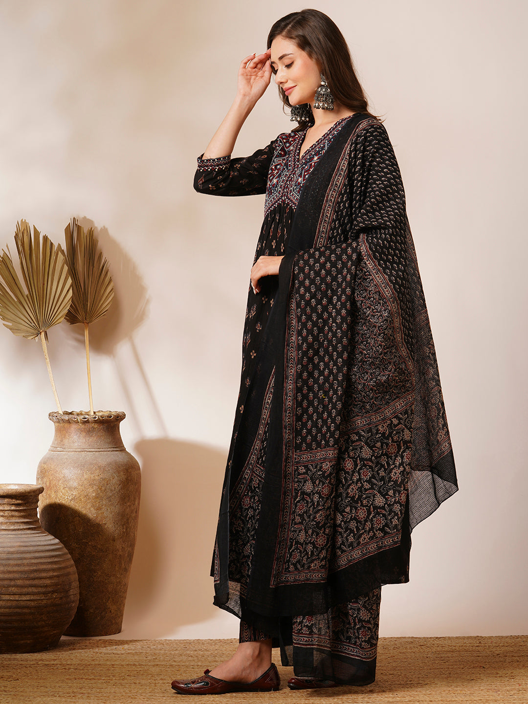 Floral Block Printed & Embroidered A-Line Kurta with Pant & Dupatta - Off White