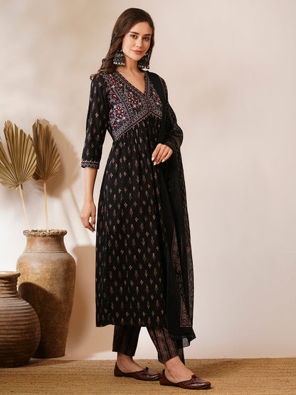 Floral Block Printed & Embroidered A-Line Kurta with Pant & Dupatta - Off White