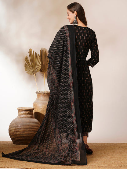 Floral Block Printed & Embroidered A-Line Kurta with Pant & Dupatta - Off White