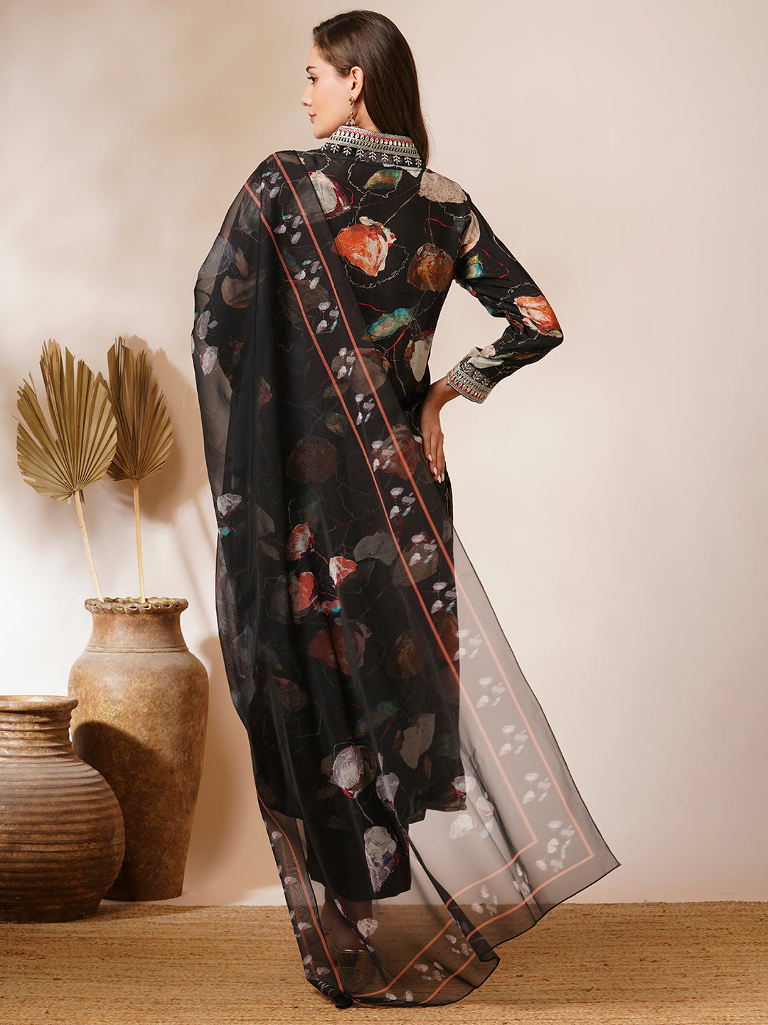 Abstract Printed & Embroidered Straight Kurta with Pant & Dupatta - Black