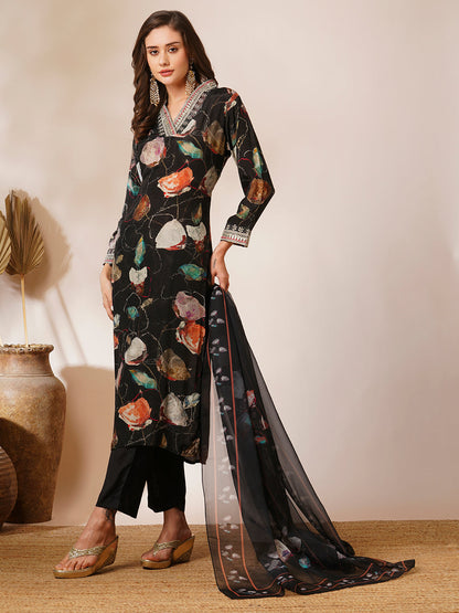 Abstract Printed & Embroidered Straight Kurta with Pant & Dupatta - Black