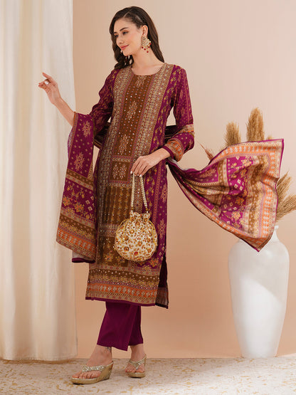 Ethnic Printed & Hand Embroidered Straight Fit Kurta with Pant & Dupatta - Burgundy