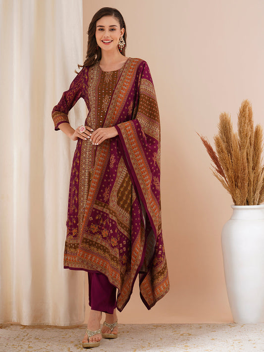 Ethnic Printed & Hand Embroidered Straight Fit Kurta with Pant & Dupatta - Burgundy