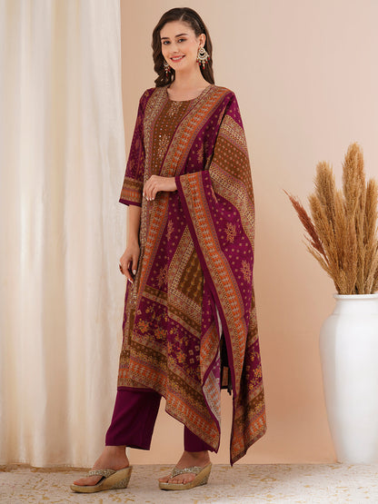 Ethnic Printed & Hand Embroidered Straight Fit Kurta with Pant & Dupatta - Burgundy