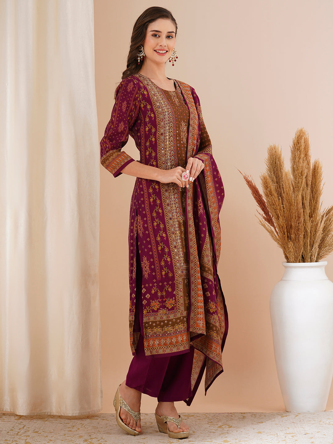 Ethnic Printed & Hand Embroidered Straight Fit Kurta with Pant & Dupatta - Burgundy