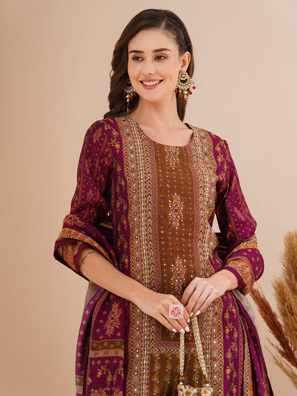 Ethnic Printed & Hand Embroidered Straight Fit Kurta with Pant & Dupatta - Burgundy