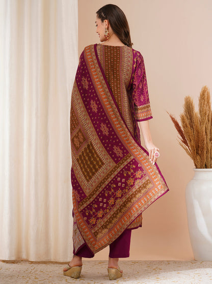 Ethnic Printed & Hand Embroidered Straight Fit Kurta with Pant & Dupatta - Burgundy