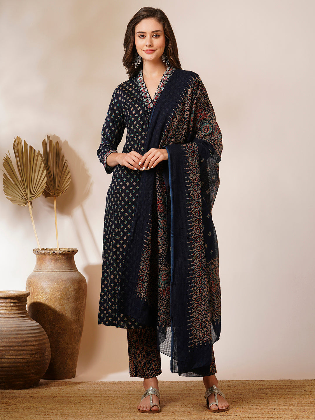 Ethnic Printed & Embroidered Straight Kurta with Pant & Dupatta - Navy Blue