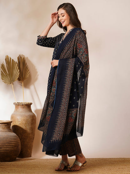 Ethnic Printed & Embroidered Straight Kurta with Pant & Dupatta - Navy Blue