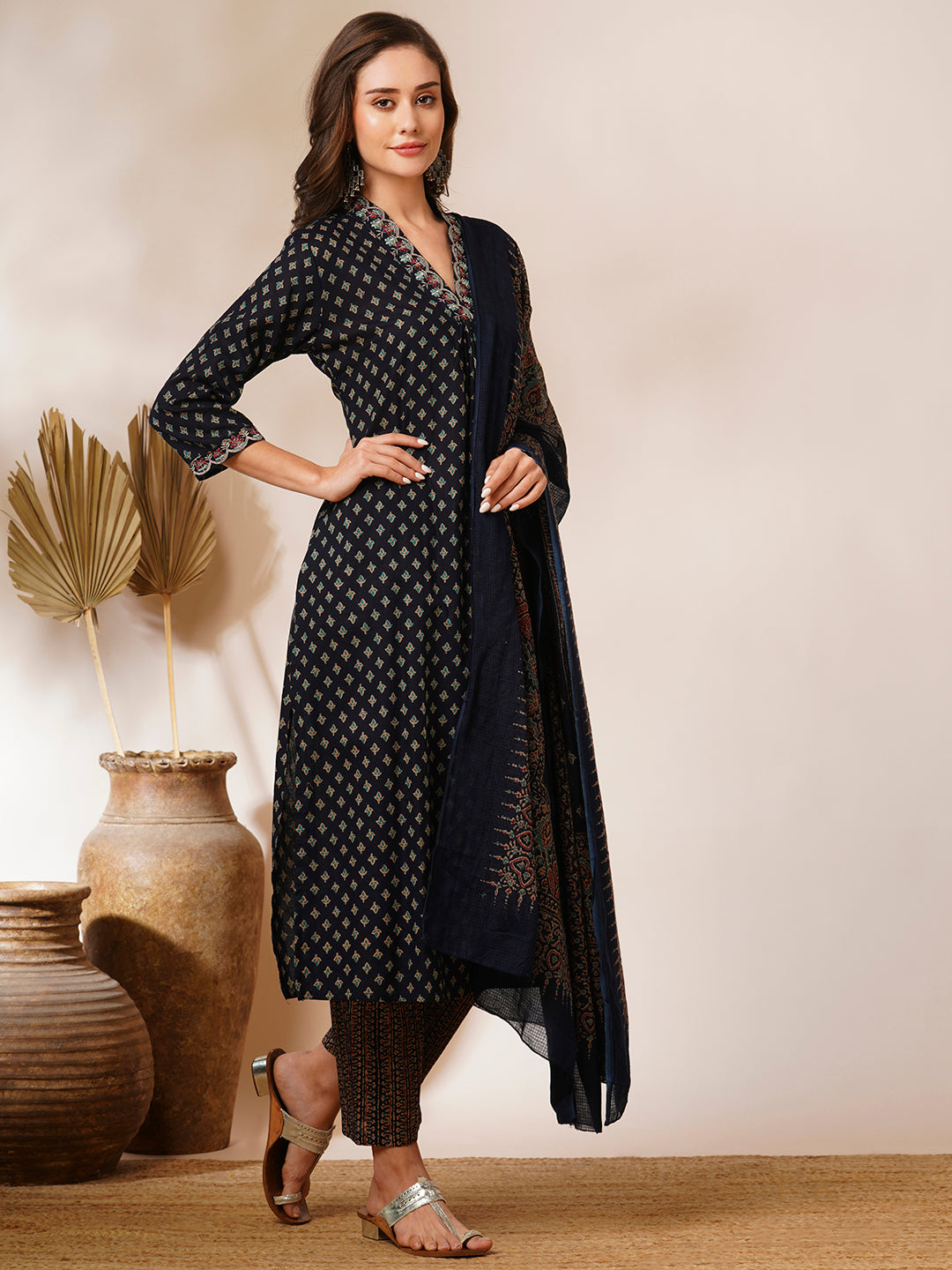 Ethnic Printed & Embroidered Straight Kurta with Pant & Dupatta - Navy Blue