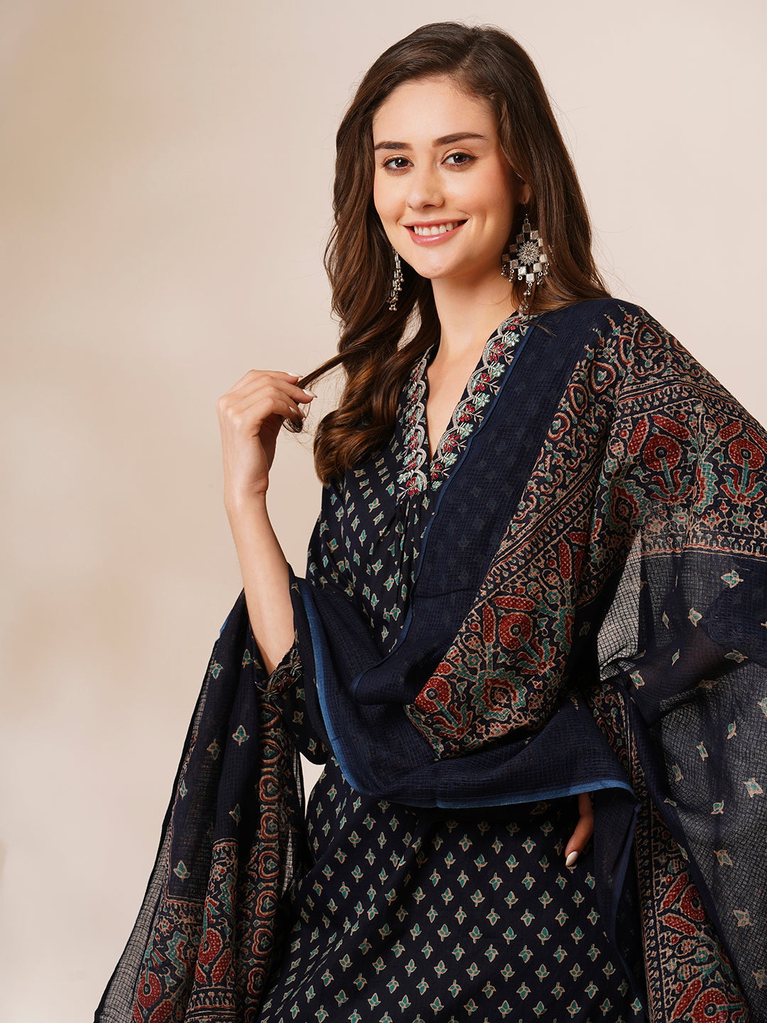 Ethnic Printed & Embroidered Straight Kurta with Pant & Dupatta - Navy Blue