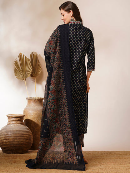 Ethnic Printed & Embroidered Straight Kurta with Pant & Dupatta - Navy Blue