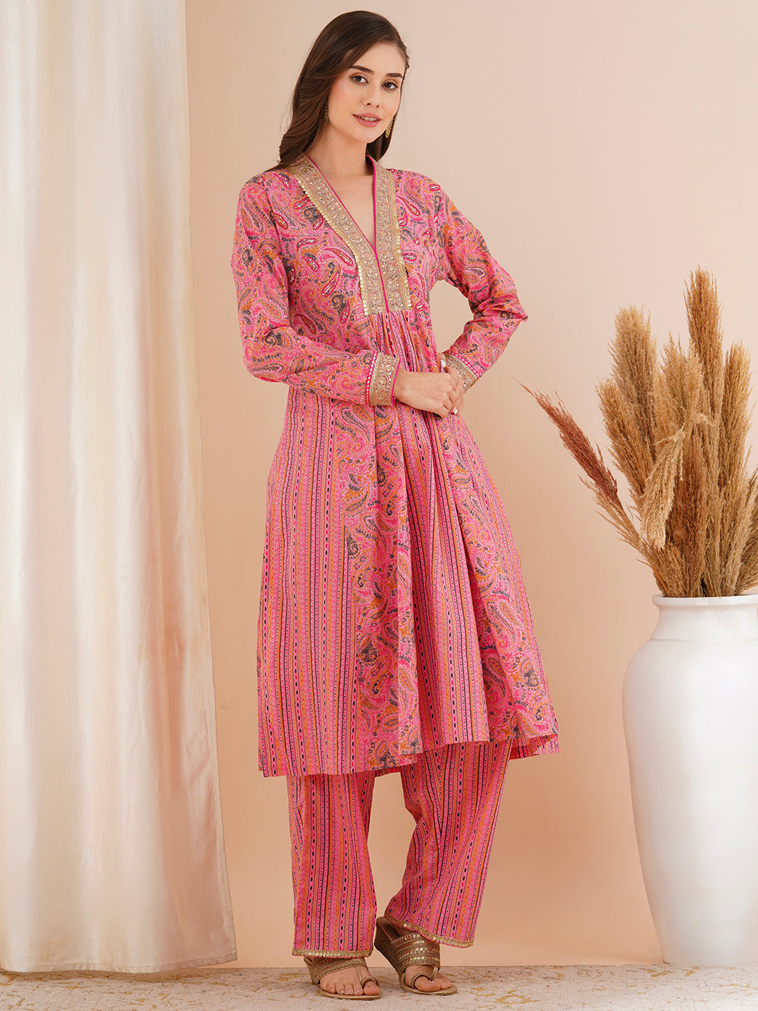 Ethnic Printed & Embroidered A-Line Paneled Kurta with Palazzo - Pink