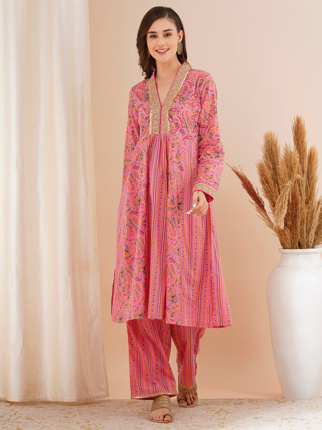 Ethnic Printed & Embroidered A-Line Paneled Kurta with Palazzo - Pink