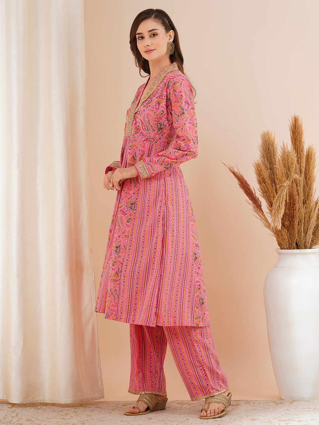 Ethnic Printed & Embroidered A-Line Paneled Kurta with Palazzo - Pink