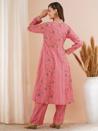 Ethnic Printed & Embroidered A-Line Paneled Kurta with Palazzo - Pink