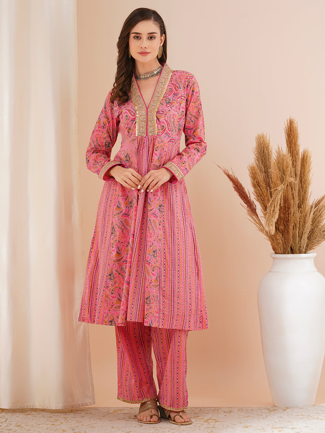 Ethnic Printed & Embroidered A-Line Paneled Kurta with Palazzo - Pink