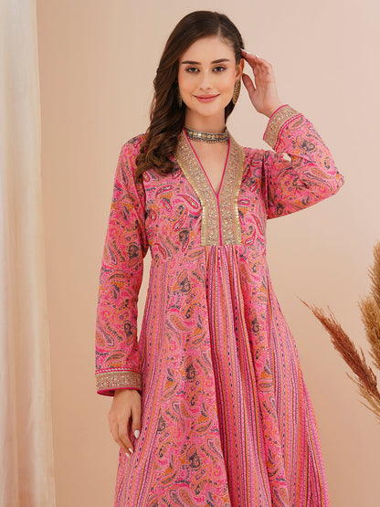 Ethnic Printed & Embroidered A-Line Paneled Kurta with Palazzo - Pink