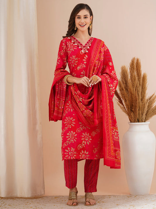 Ethnic Printed & Mirror Embroidered Straight Kurta with Pant & Dupatta - Red