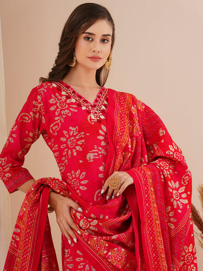 Ethnic Printed & Mirror Embroidered Straight Kurta with Pant & Dupatta - Red